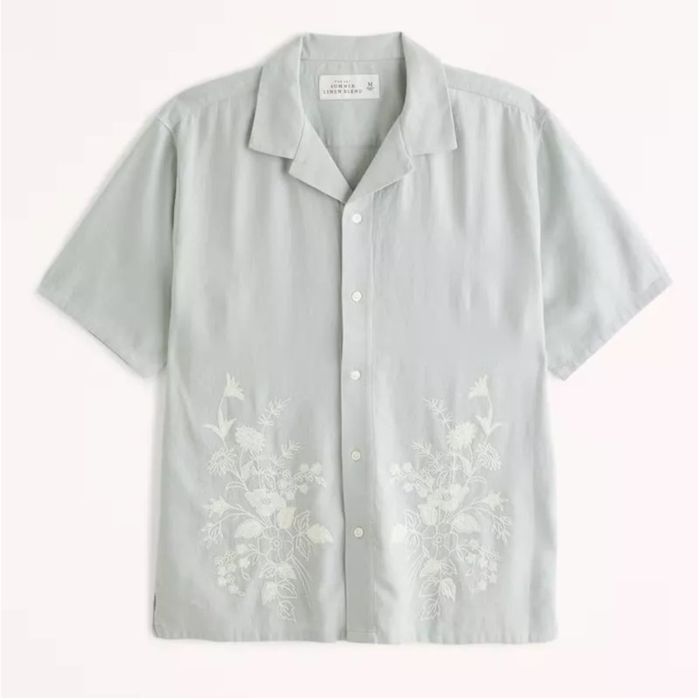Abercrombie & Fitch Floral Embroidered Linen Blend shirt, green, size large